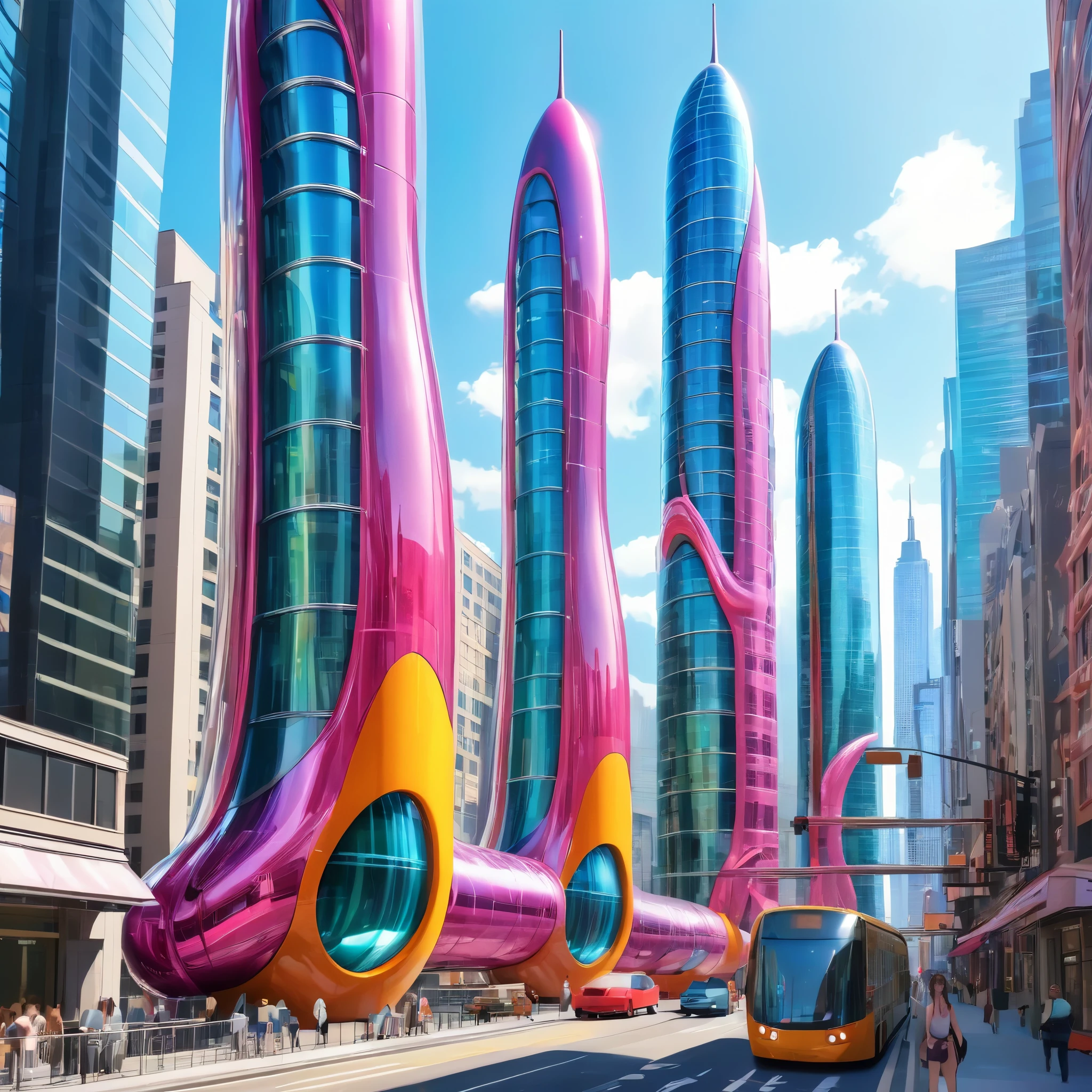 A great futuristic metropolitan made of glass and steel where tall buildings are shaped liked dildos and vehicles are individual sperm with wheels and windows moving down the streets. Tunnels look like vaginas. Hyper realistic, vibrant colors, 16k