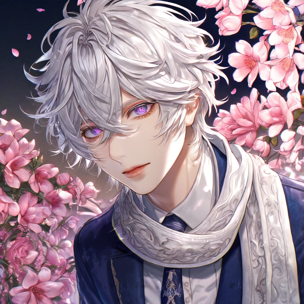 absurdres, highres, ultra detailed, HDR, master piece, best quality, Gauche Suede, white hair, expressive purple eyes, messy hair, hair between the eyes, Tegami Bachi, solo, sexy man, handsome, white scarf, dark blue jacket, white shirt, dark blue necktie, fantasy, shining, pink flowers, pink blossoms, pink petals