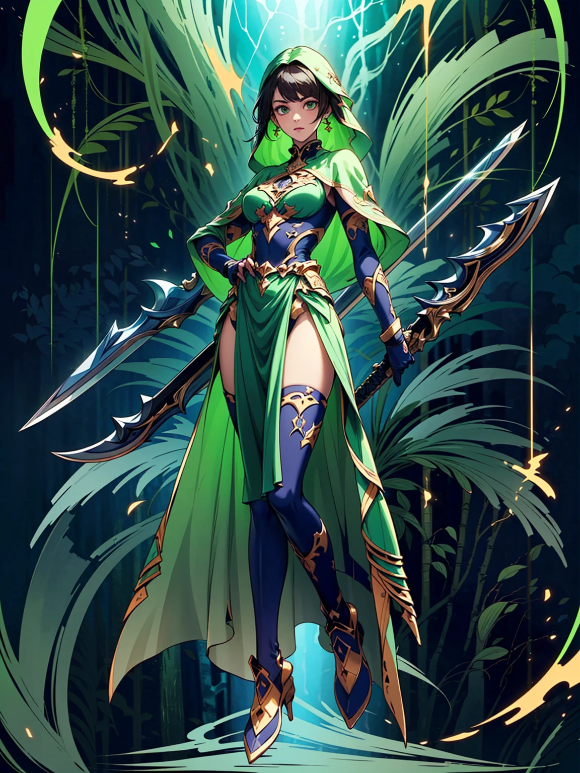 (((masterpiece, best quality, high detailed, 8k))) Design a layout showcase Gaming character, (1girl). Green|Brown clothes, stylish and unique. ((showcase weapon:1.4)), dual daggers. (masterpiece:1.2), (best quality), 4k, ultra-detailed. (Step by step design, layout art:1.5), (luminous lighting, atmospheric lighting). assassin, ((glove full hands)), (((revealing clothes:1.3))), vambraces, armored legwear, (((full_body_shot:1.4))). {In a dense jungle}.
