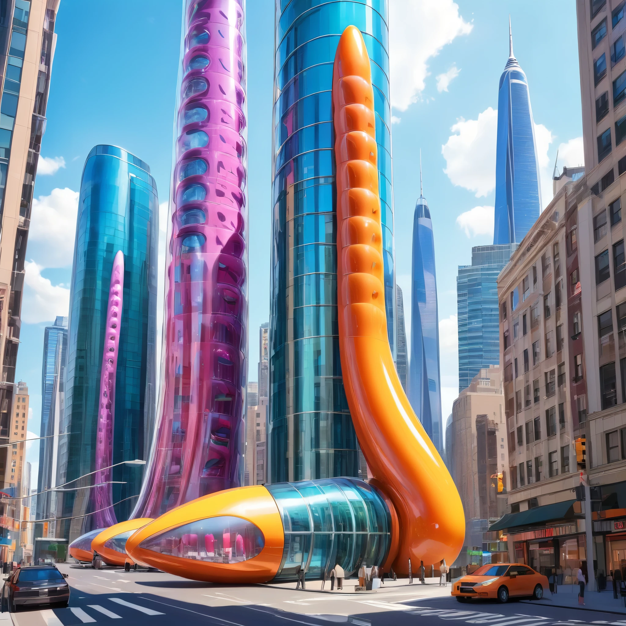 A great futuristic metropolitan made of glass and steel where tall buildings are shaped liked dildos and vehicles are individual sperm with wheels and windows moving down the streets. Tunnels look like vaginas. Hyper realistic, vibrant colors, 16k