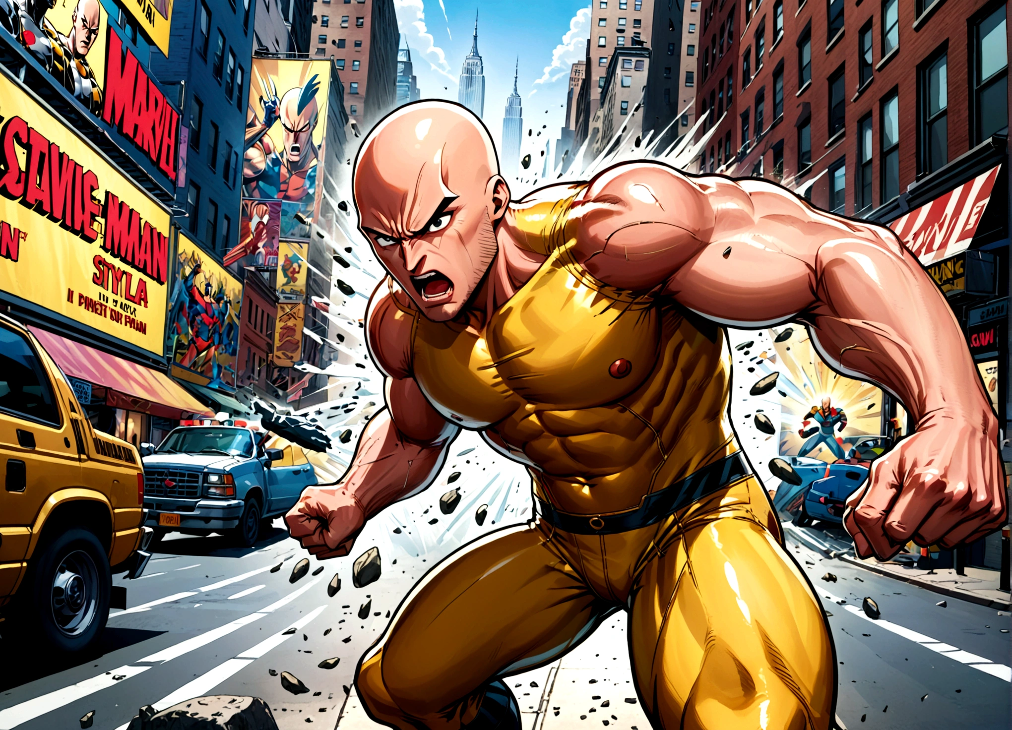 Marvel's Wolverine (90s comic style) is enraged, claws out ready to fight, One punch man Saitama is not impressed. set in new york city
