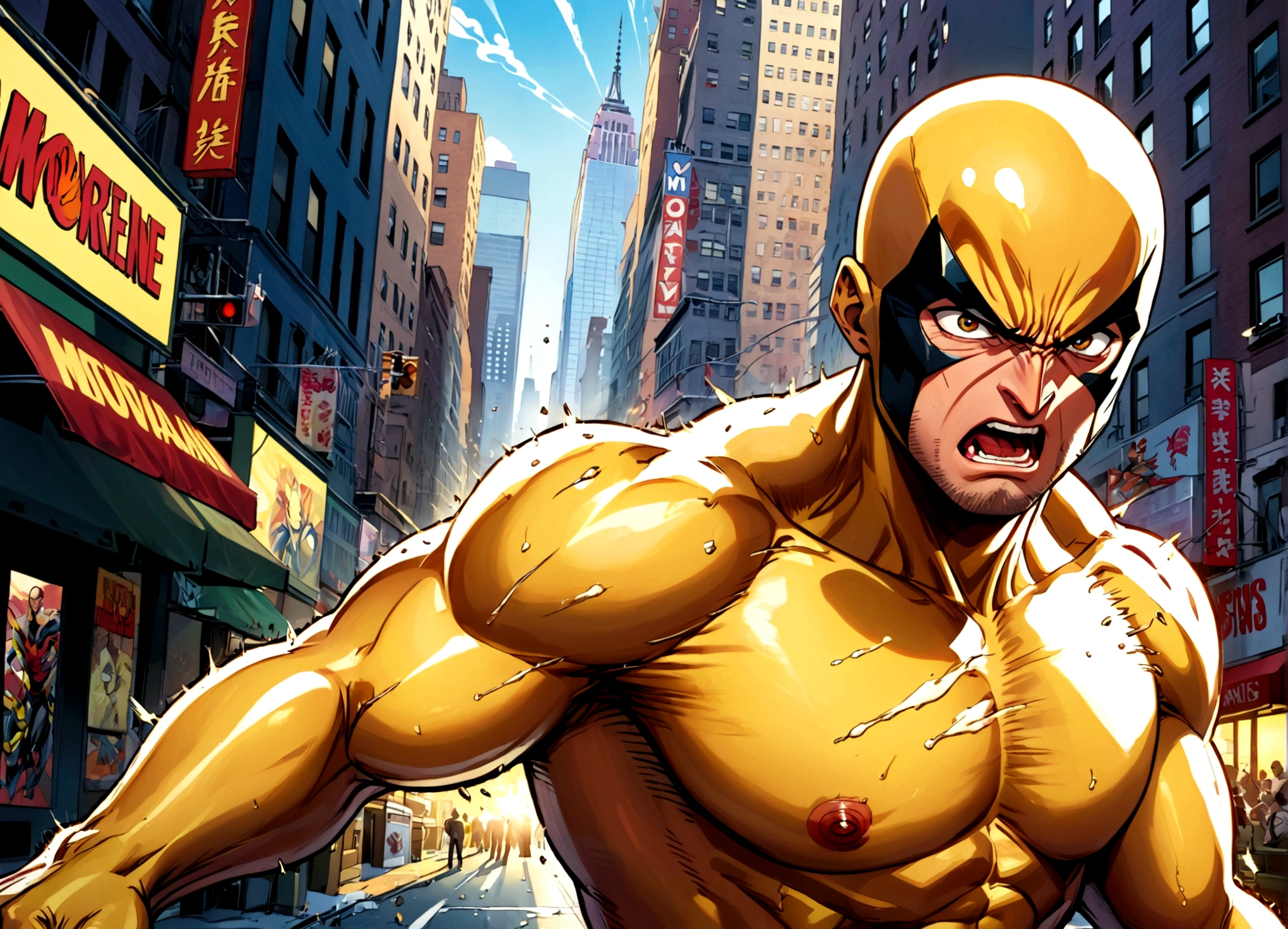 Marvel's Wolverine (90s comic style) is enraged, claws out ready to fight, One punch man Saitama is not impressed. set in new york city