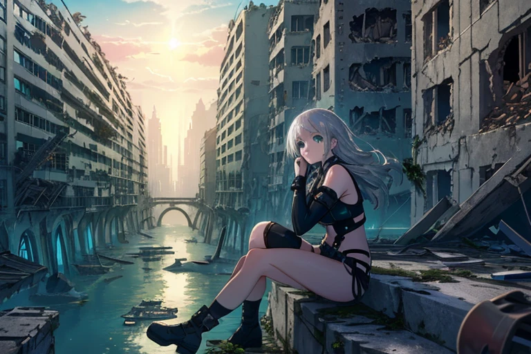 High resolution,high quality,(Perfect body),Submerged City,City in Ruins,Collapsed Building,One Girl,Sitting on top of a building,Silver Hair,Green Eyes,Pareo,派手な色のPareo