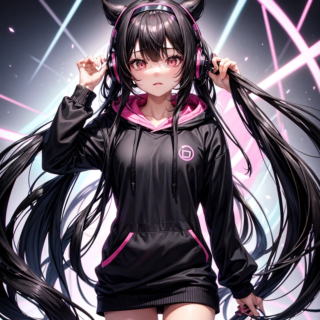 Black long hair girl with bangs,Anime,black and pink hoodie, name light background, headphones on head
