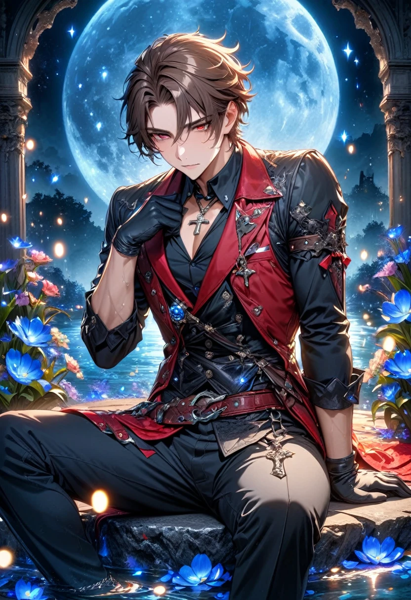 absurdres, highres, ultra detailed, HDR, master piece, Elian, dark brown hair, expressive red eyes, cross neckle, red vest, Demon Fantasy, sexy man, handsome, best quality, blue moon, flowers, fantasy, magical, solo, black coat, water, blue shining fireflies, hunter, black gloves, black shirt, blue petals, sitting, black pants