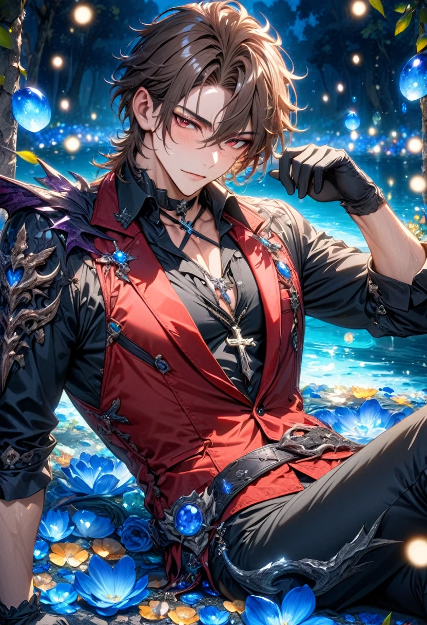 absurdres, highres, ultra detailed, HDR, master piece, Elian, dark brown hair, expressive red eyes, cross neckle, red vest, Demon Fantasy, sexy man, handsome, best quality, blue moon, flowers, fantasy, magical, solo, black coat, water, blue shining fireflies, hunter, black gloves, black shirt, blue petals, sitting, black pants