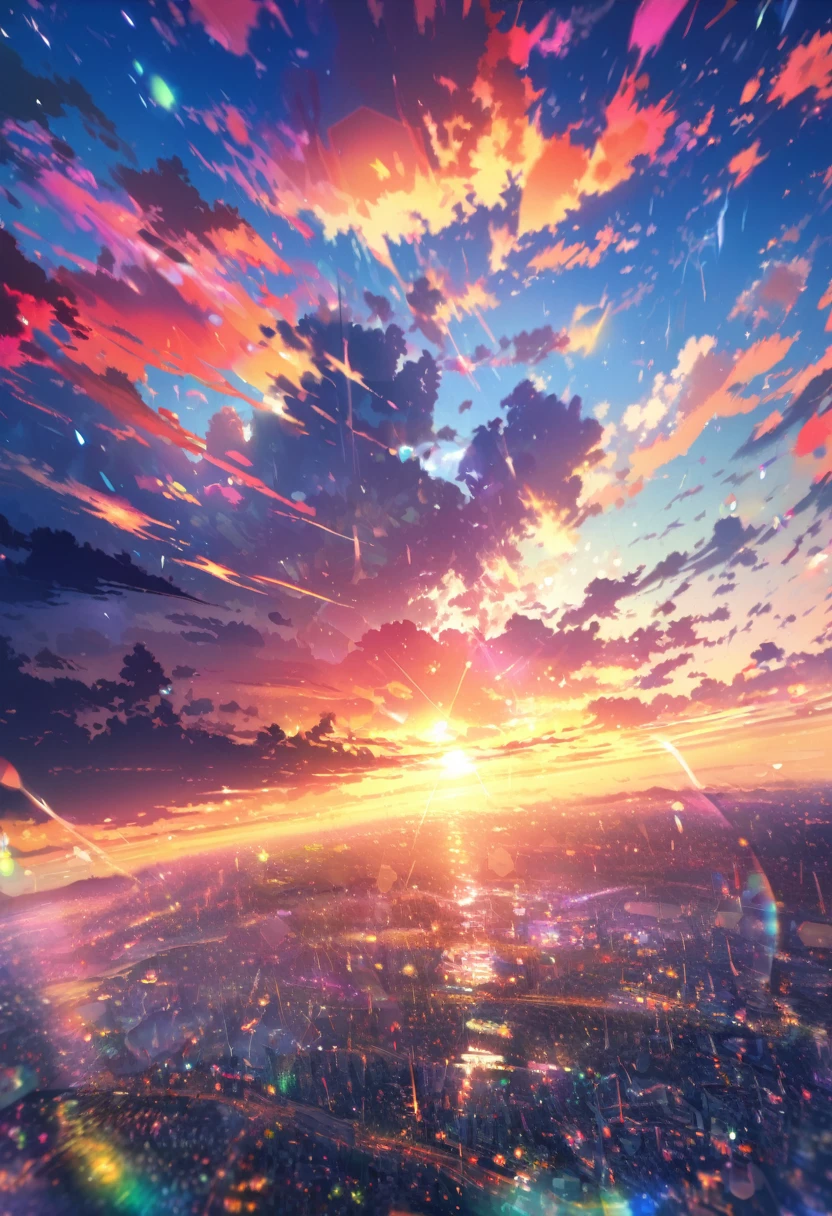 sunrise, bright, after rain, horizon, in the sky, city , lens flare, colorful, High resolution, 8K