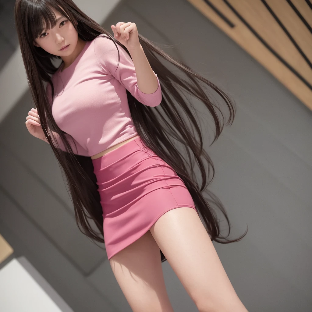 Close up,1 girl,solo, random post, Beautiful girl,(((Aimi Rin))) ,long hair, Beautiful shape ,wear a tight pink suit, tight skirt ,(short skirt),looking at camera,25 years old, in the Tokyo city