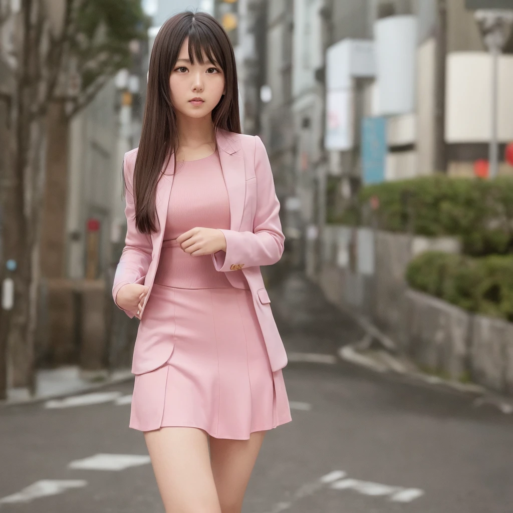 Close up,1 girl,solo, random post, Beautiful girl,(((Aimi Rin))) ,long hair, Beautiful shape ,wear a tight pink suit, tight skirt ,(short skirt),looking at camera,25 years old, in the Tokyo city