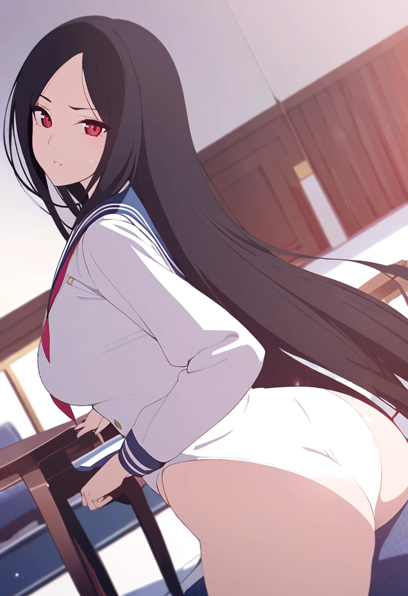 (One tall woman,Black Hair,Long hair,Red Eyes,Dynamic Angle,Slightly larger breasts and buttocks)Sit on a chair,Sailor suit,White Shirt,Black trousers,Face to the viewer