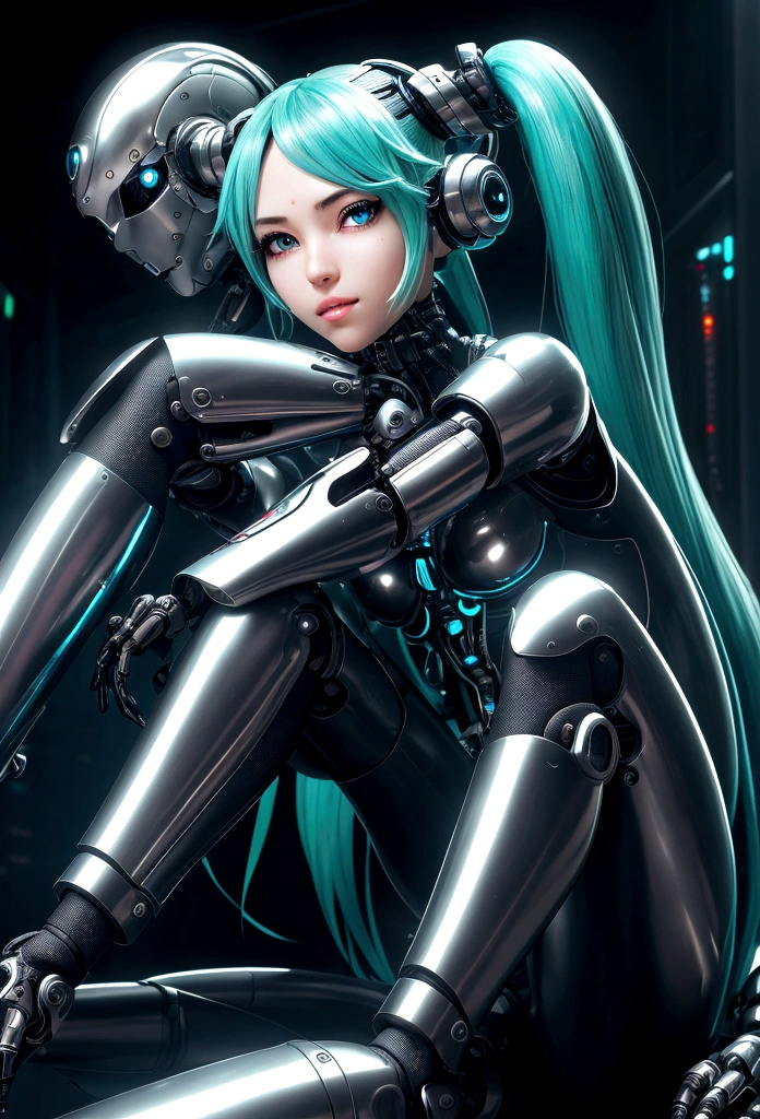 Hatsune Miku, female cyborg, seductive pose, sitting on male cyborg, legs wrapped around metal torso, confident gaze, shiny metallic surfaces, sci-fi setting, 1girl, beautiful detailed eyes, beautiful detailed lips, extremely detailed face, long eyelashes, photo-realistic, 8k, hyperrealistic, cinematic lighting, dramatic shadows, neon colors, cyberpunk aesthetic, intricate mechanical details