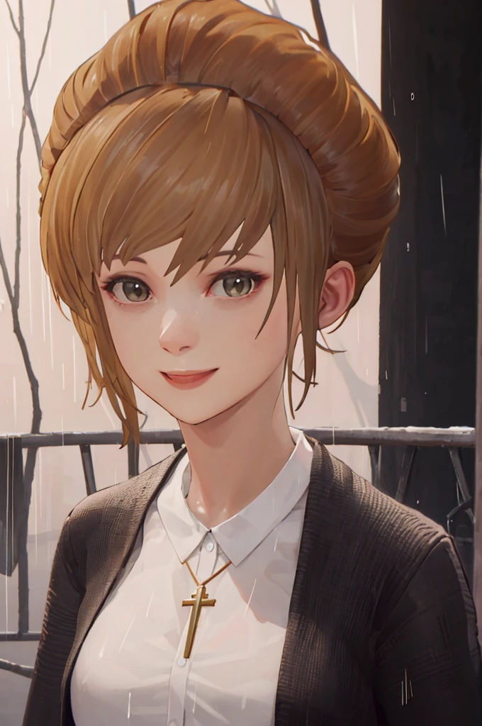 (highres, best quality:1.3), kat3LIS, dark blonde hair, hazel eyes, slender, looking at viewer, warm inviting smile, dark wool blazer, without blouse, beautiful , cross necklace, upper body, outdoors, rain.