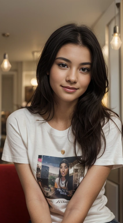 Princesse Pocahontas . Brune Amérindienne. Un fond marin, ambiance transito . Style realiste. Image détaillée.Create an image of a 22-year-old woman with fair skin, straight black hair, brown eyes, and a friendly expression. She is wearing a t-shirt