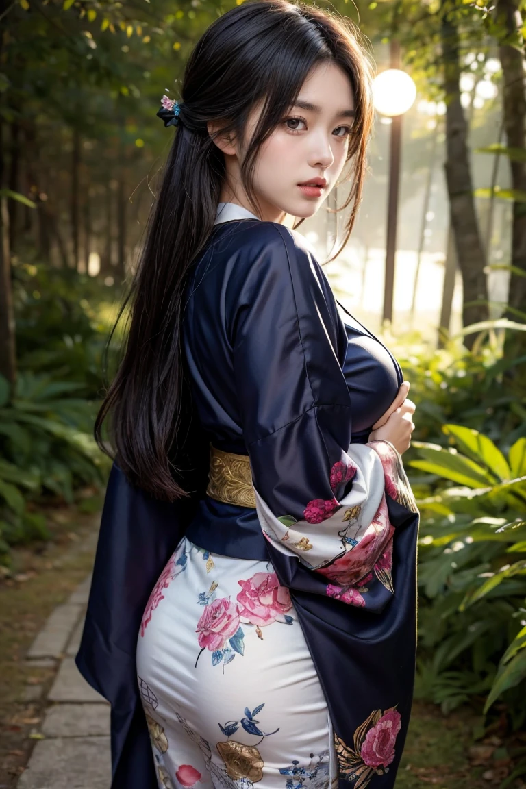 A seductive and mysterious girl with long dark hair, big breasts:0.8, slander body, dressed in traditional Japanese clothing, standing in a moonlit forest. The illustration is inspired by the character Ragawa Kiriko from the manga series "Akatsuki no Yona". The artwork is highly detailed and realistic, with intricate patterns on her kimono and soft lighting. Created by artist WLOP using digital painting techniques. (Concept art, 4k resolution)