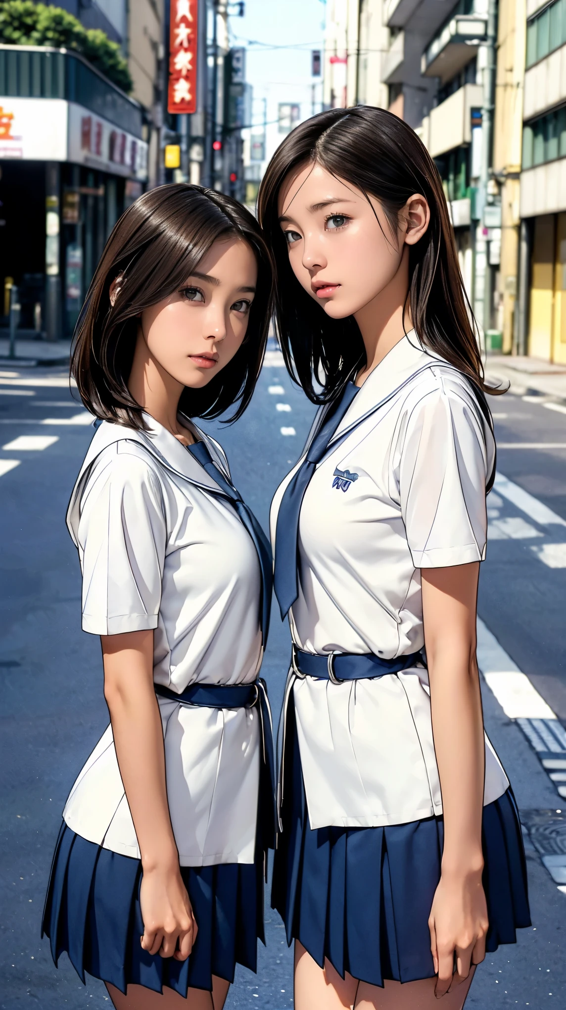 ((Highest quality)), ((masterpiece)), (Detailed boobs),(Very slim:1.7), (Perfect Face:1.8), (Perfect Eyes), (Very detailed), (Perfect detail) ,Very detailedな顔と肌の質感, (Perfect body), (Perfect Face), (((Two girls side by side:1.5))), Very detailedな目, ( Uniform), White shirt with front opening, Ultra short thigh-length dark blue pleated skirt, tie, Beautiful breasts, (Medium milk:1.5),Very slim legs, short hair, (On a street corner in Tokyo, Outdoor), (Cowboy Shot), (No makeup:1.2)、(No makeup:1.5)、(Very thin thighs)、 (13-year-old girl:1)、Byes, rowsing Caution:1.0))