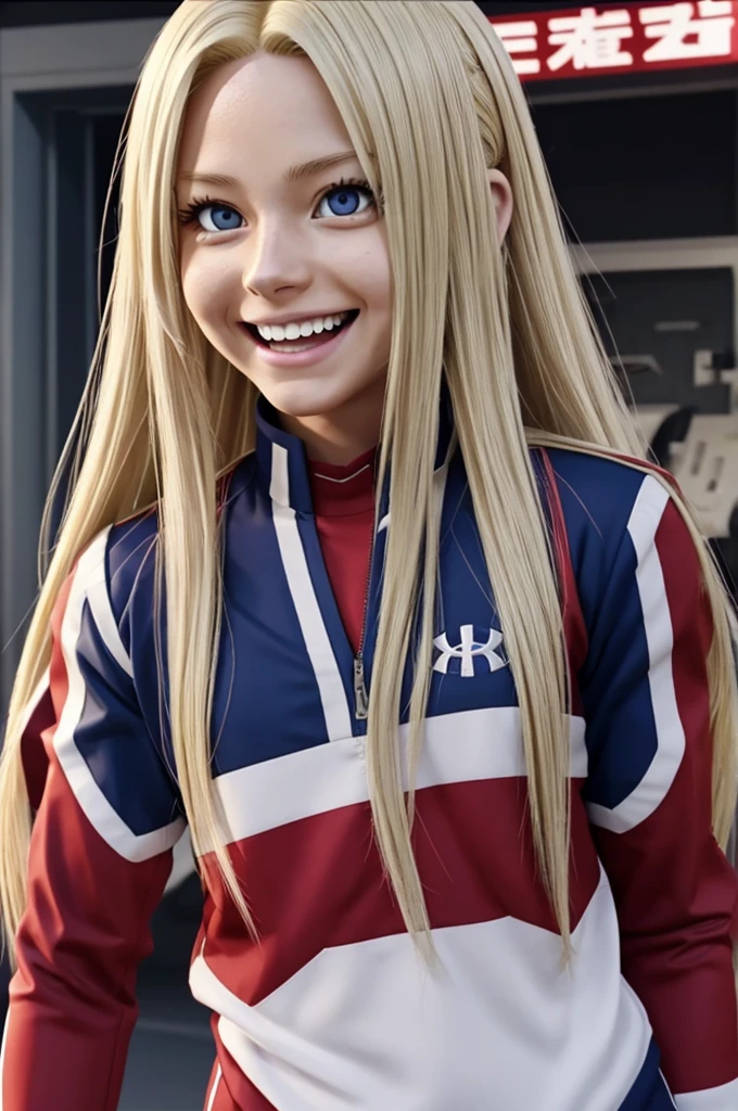 Screenshot of my hero academia.
Girl with long straight ash blonde hair, big red eyes with happy expression. He is wearing the UA uniform
