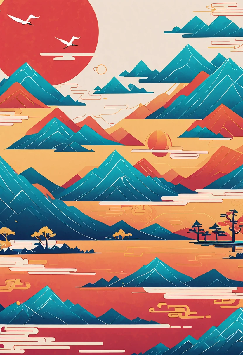 pine,Thousand Miles of Rivers and Mountains,Flying cranes,Lacquer、comfort、Mountains,Gold Leaf,Minimalist Composition of Chinese Landscape、Red sky pure color,illustration