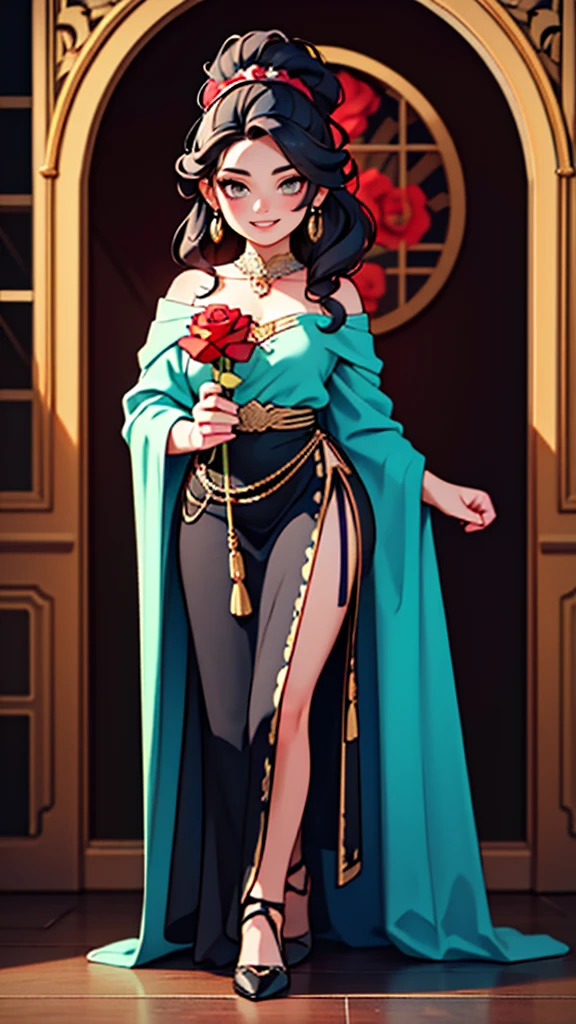 a beautiful gypsy woman, long black hair tied up, ornate decorated spanish gypsy red dress, masquerade style, detailed face, detailed lips, intricate patterns, chiaroscuro lighting, cinematic composition, dramatic lighting, vibrant colors, full body, holding a rose on her hands, little waist, grin smiling face, funny, cute style, like a cartoon (best quality,4k,8k,highres,masterpiece:1.2),ultra-detailed,(realistic,photorealistic,photo-realistic:1.37)