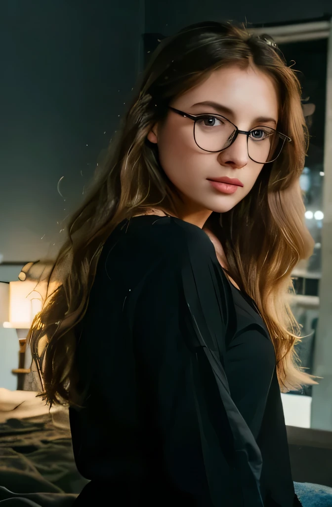 a beautiful woman with long flowing light blonde hair covering her entire back and shoulder, piercing sky blue eyes, hyperrealistic, highly detailed, large lips, button nose, photorealistic, dark lighting, thick black glasses.