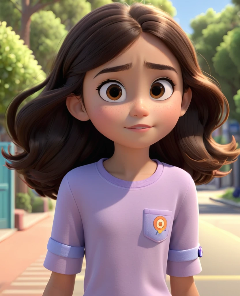 A 12 year old girl with black brown hair and light brown eyes in 3d Pixar, (best qualityer, 4K, 8K, high resolution, boss of'work of art:1.2), ultra detali, (realisitic, photorealisitic, photo-realisitic:1.37), portraits, shiny colors, studio lighting