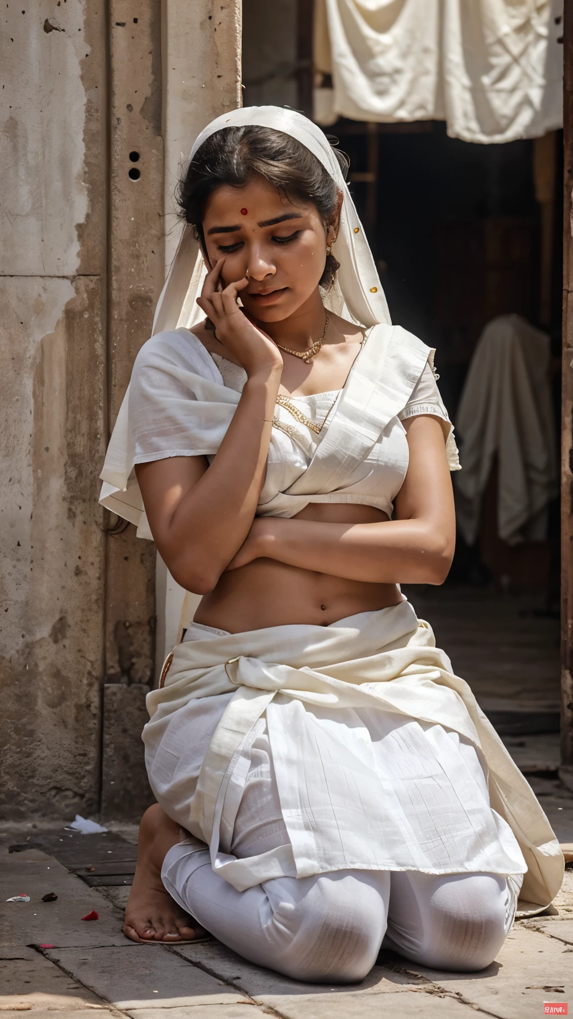 Old India 25 year old girl in white saree, girl is being tied up and burnt, girl is shivering in pain, cinematic photography, eye level camera angle