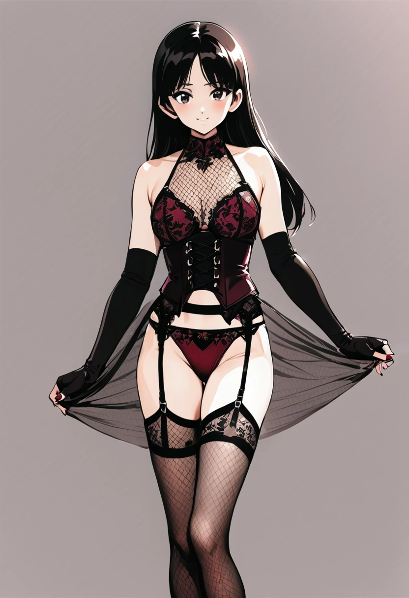 ((Top quality, masterpiece, freak, super resolution)), 1 girl, Japanese model,,Smooth black hair,A woman is wearing a (corset bodysuit) that covers from the chest to the waist. The corset has a high neckline adorned with lace and features a front hook closure with a lace-up design for adjustability. The base color is a deep burgundy, with intricate floral embroidery on the front. Transparent mesh fabric is also incorporated, adding a sexy touch. Paired with this, she is wearing matching (bikini panties) with garter belts in the same deep burgundy color. The panties have the same floral embroidery as the corset, creating a unified design. The ensemble includes black lace fingerless gloves and black fishnet stockings, enhancing the elegant and sexy atmosphere.