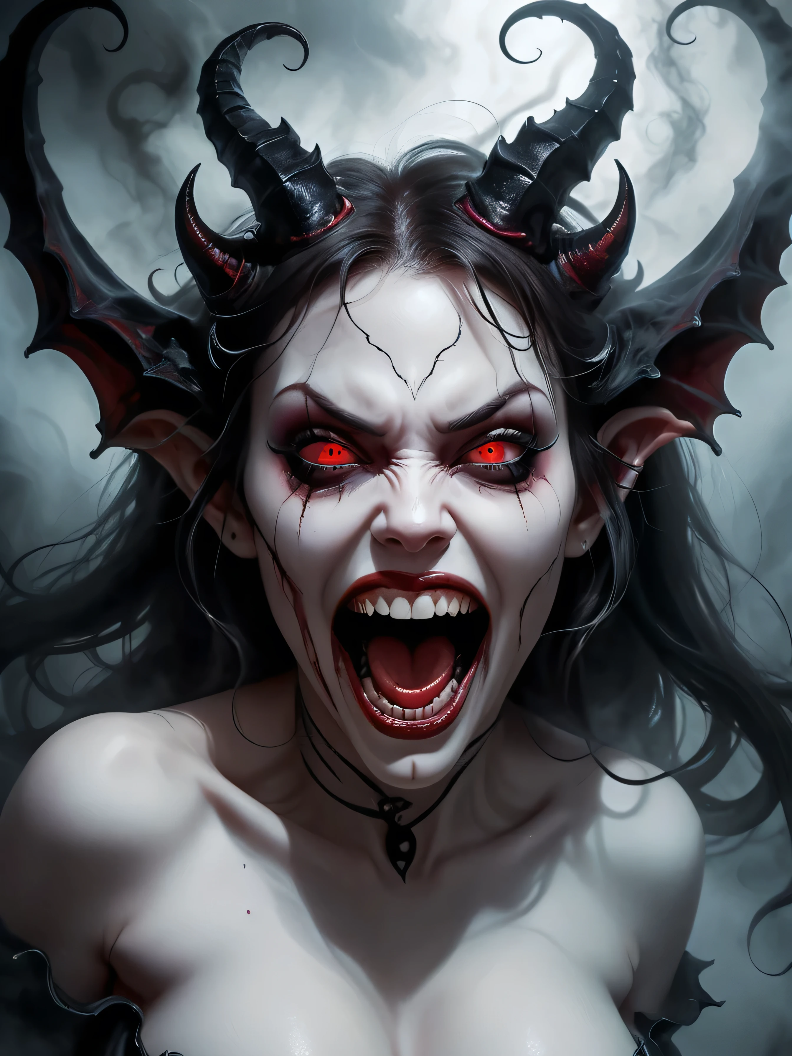 A nightmare mindscape, madness revealed in her grin, piercing eyes, coalescing mists swirl with phantom spirits, her sexual mouth is open up wide, more sexy succubus demon, her mouth open with strong intent to make you cum hard.