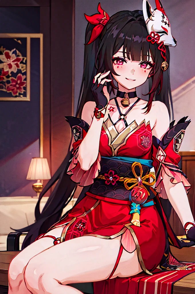 1girl, sparkle \(honkai: star rail\), twintails, hair ornament, solo, off shoulder kimono, mask on head, detached sleeves, choker, obi, single glove, wristband, criss-cross halter, thigh strap, blush, sitting, cowboy shot, living room, gasping, ecstasy, seductive smile, looking at viewer, hand on own face, masterpiece