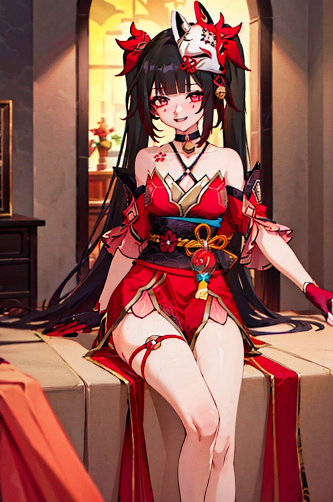 1girl, sparkle \(honkai: star rail\), twintails, hair ornament, solo, off shoulder kimono, mask on head, detached sleeves, choker, obi, single glove, wristband, criss-cross halter, thigh strap, blush, sitting, cowboy shot, living room, gasping, ecstasy, seductive smile, looking at viewer, hand on own face, masterpiece