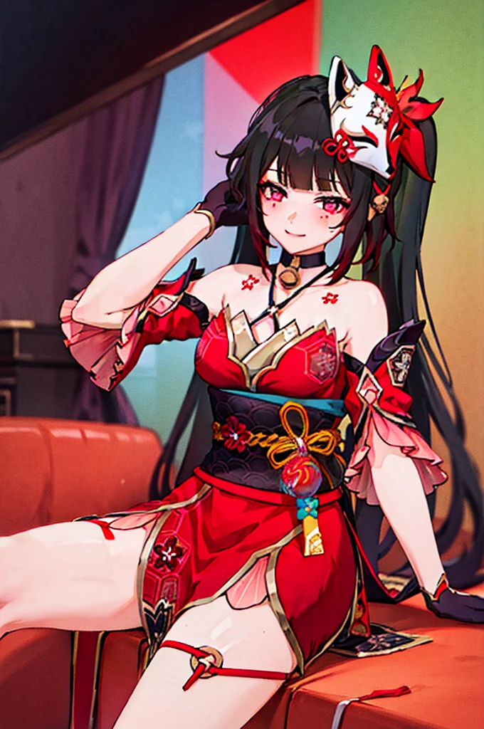 1girl, sparkle \(honkai: star rail\), twintails, hair ornament, solo, off shoulder kimono, mask on head, detached sleeves, choker, obi, single glove, wristband, criss-cross halter, thigh strap, blush, sitting, cowboy shot, living room, gasping, ecstasy, seductive smile, looking at viewer, hand on own face, masterpiece