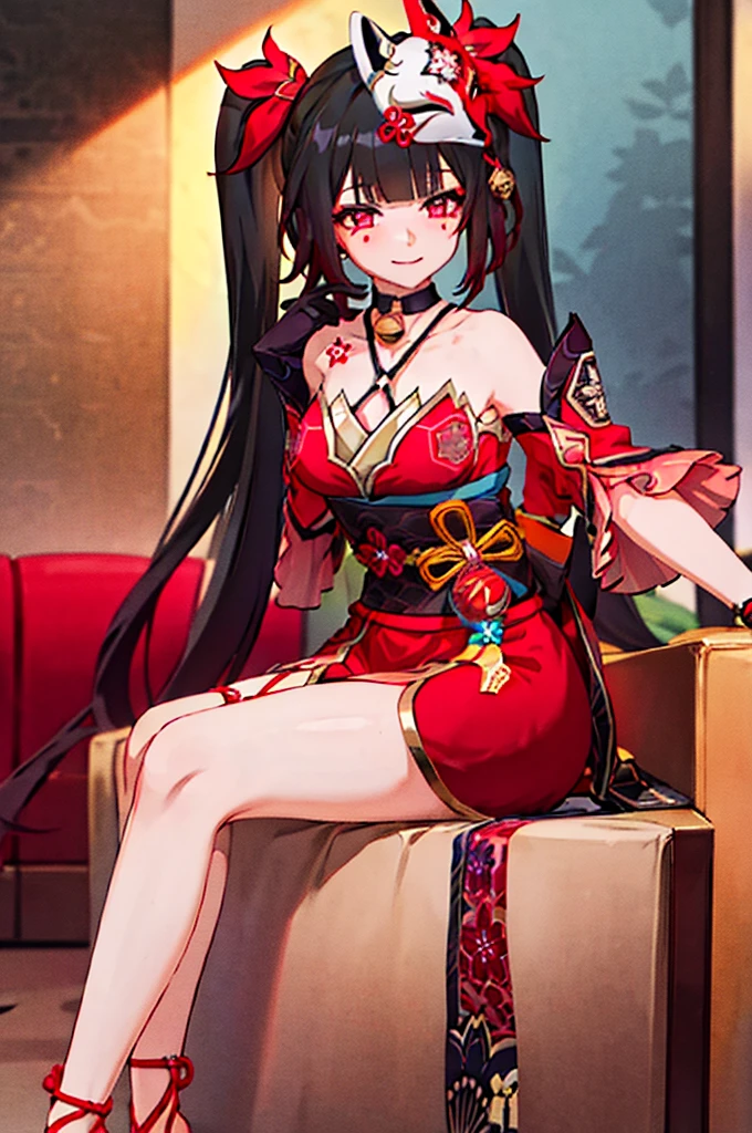 1girl, sparkle \(honkai: star rail\), twintails, hair ornament, solo, off shoulder kimono, mask on head, detached sleeves, choker, obi, single glove, wristband, criss-cross halter, thigh strap, blush, sitting, cowboy shot, living room, gasping, ecstasy, seductive smile, looking at viewer, hand on own face, masterpiece