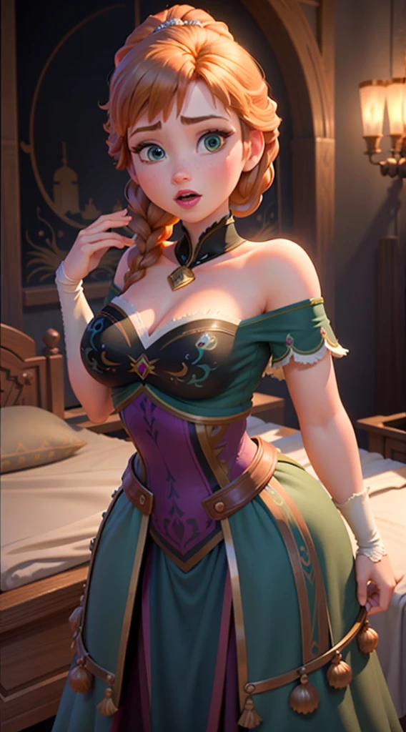 woman, ((Masterpiece, best quality)), full body view, sexy, bursting huge breasts, detailed skin, Anna from Frozen, highly detailed, cinematic lighting, ultra realistic, blush, looking at viewer,  anna, anna from frozen, princess, disney, brown hair, long hair, portrait,  large breasts,  wide hips, full body view, tall, explicit nudity