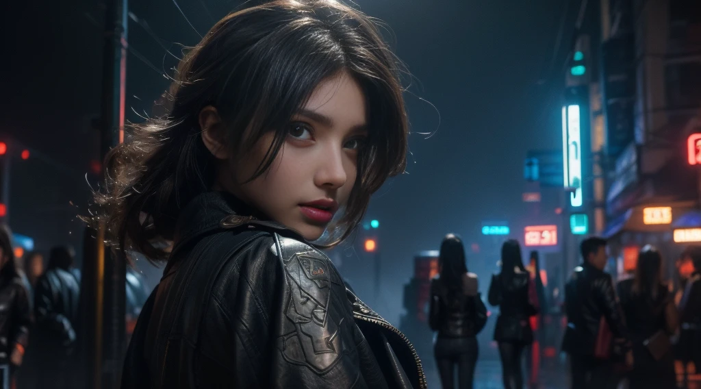 original photo, (best quality:1.3), high resolution, (masterpiece), (lifelike:1.4), Professional photography, Clear focus, High Dynamic Range, 8k resolution, Intricate details, Exquisite details, Depth of Field, Extremely detailed CG unified 8k wallpaper, masterpiece，record，best quality，Official Art，（Beauty and aesthetics：1.2），（masterpiece：1.3），The city of the future，Cyberpunk Characters，A girl，Sexy leather jacket，Off-shoulder，No underwear，Looking at the camera，（Medium focal length lens：1.8），Volumetric Fog，rain，night，Bustling streets，dramatic