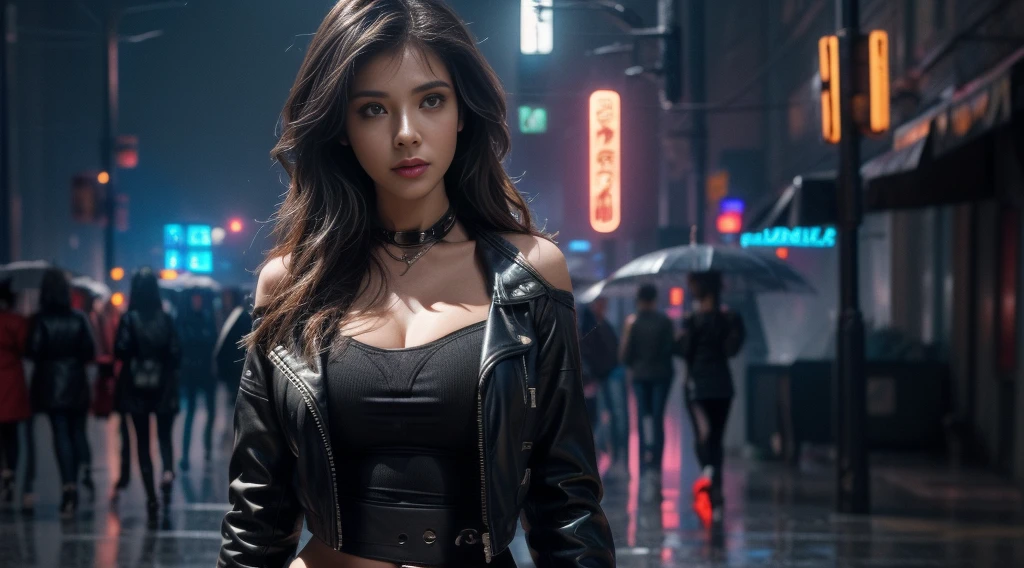 original photo, (best quality:1.3), high resolution, (masterpiece), (lifelike:1.4), Professional photography, Clear focus, High Dynamic Range, 8k resolution, Intricate details, Exquisite details, Depth of Field, Extremely detailed CG unified 8k wallpaper, masterpiece,record,best quality,Official Art,(Beauty and aesthetics:1.2),(masterpiece:1.3),The city of the future,Cyberpunk Characters,A girl,Sexy leather jacket,Off-shoulder,No underwear,Looking at the camera,(Medium focal length lens:1.8),Volumetric Fog,rain,night,Bustling streets,dramatic