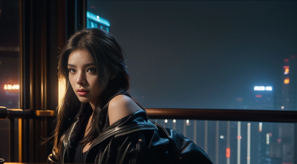 original photo, (best quality:1.3), high resolution, (masterpiece), (lifelike:1.4), Professional photography, Clear focus, High Dynamic Range, 8k resolution, Intricate details, Exquisite details, Depth of Field, Extremely detailed CG unified 8k wallpaper, masterpiece，record，best quality，Official Art，（Beauty and aesthetics：1.2），（masterpiece：1.3），The city of the future，Cyberpunk Characters，A girl，Sexy leather jacket，Off-shoulder，No underwear，Looking at the camera，（Medium focal length lens：1.8），Volumetric Fog，rain，night，Bustling streets，dramatic