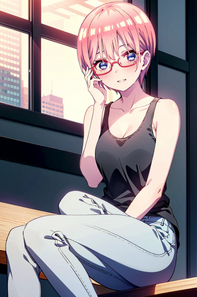 ichikanakano, Nakano Ichika, short hair, bangs, blue eyes, Hair between the eyes, Pink Hair, Grin,smile,Glasses,black tank top shirt,Skinny jeans,Stiletto heels,interior,There is a computer on the table,whole bodyがイラストに入るように,Walking,Daytime,Clear skies,
break indoors, office,
break looking at viewer,whole body,
break (masterpiece:1.2), Highest quality, High resolution, unity 8k wallpaper, (figure:0.8), (Beautiful attention to detail:1.6), Highly detailed face, Perfect lighting, Highly detailed CG, (Perfect hands, Perfect Anatomy),