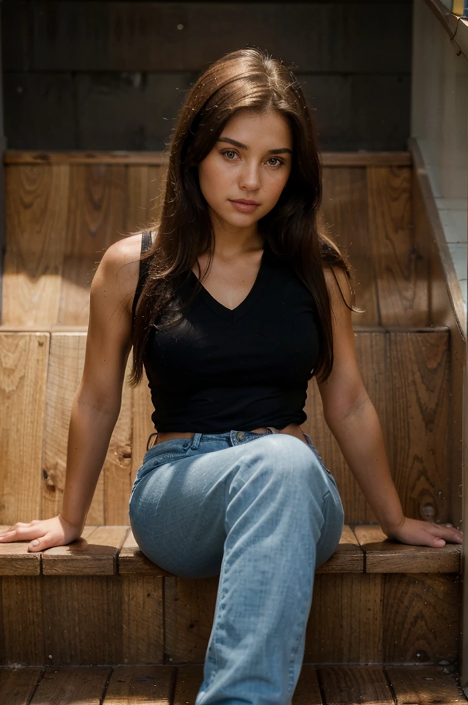generate me a hyper-realistic image of an 18 year old girl of European and American descent with perfect, well lined eyes and brown eyes, with brown hair, beautiful delicate lips and a thin, upturned nose, straight hair, a height of one meter and 60 centimeters, bust details L, beautiful exercised legs and she is sitting on the stairs made of straight mahogany wood and after 20 steps they have a curve to the left and she is wearing a full blue jean pants that covers all her legs attached with a black polo shirt with zero sleeves without design and with a v-neck,wearing full-leg jeans.
