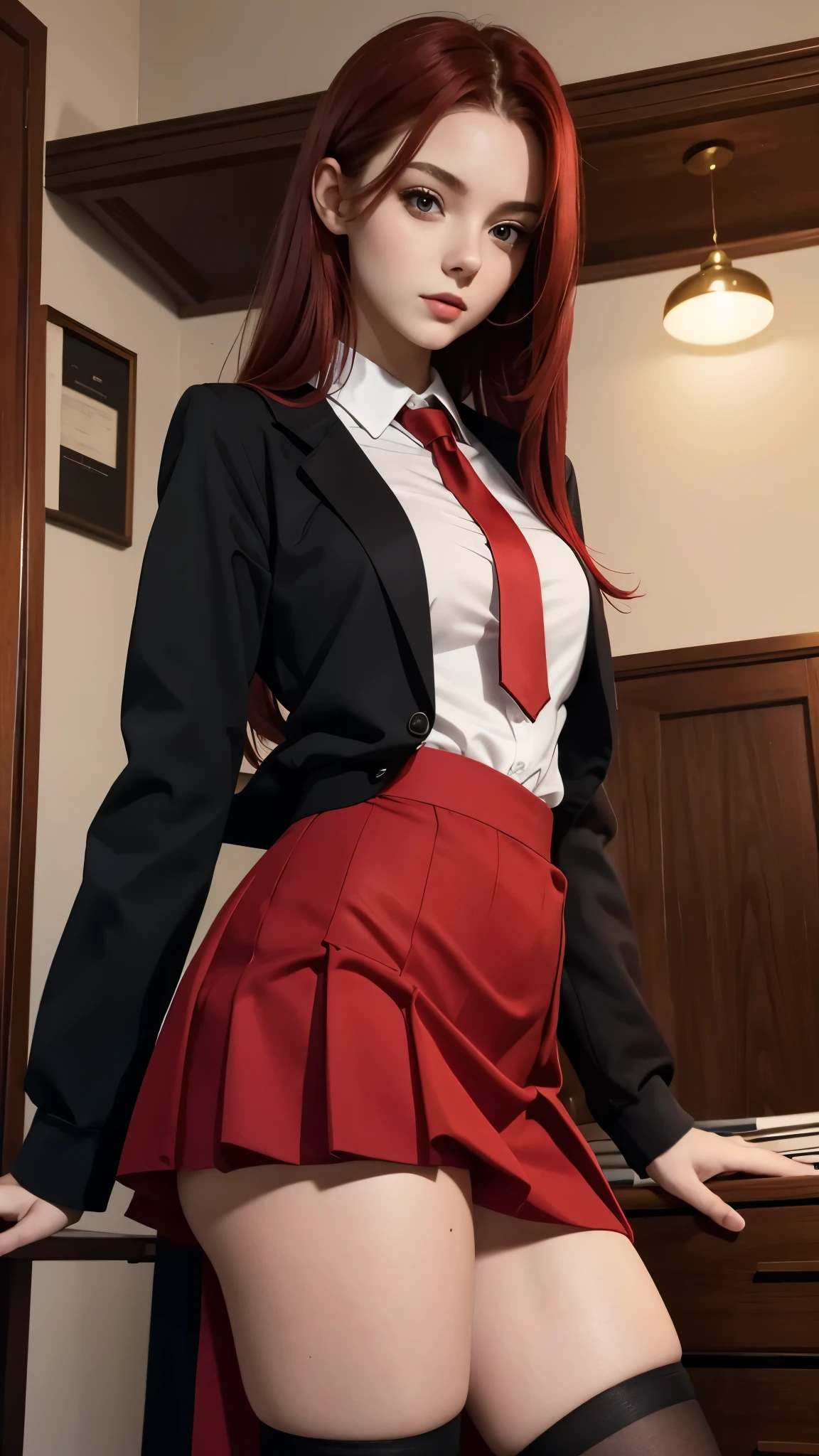 brunette woman , 21 years old year old, thin and small, college uniform, red tie, red hair, beauty, high stocking, black skirt