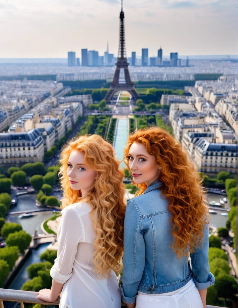 2 very attractive 25 year old girls, 1 long very curly ginger hair, 1 long wavy platinum blonde hair, in love with each other, standing on the top of the eiffel tower with view of paris from above as background without the eiffel tower, very realistic