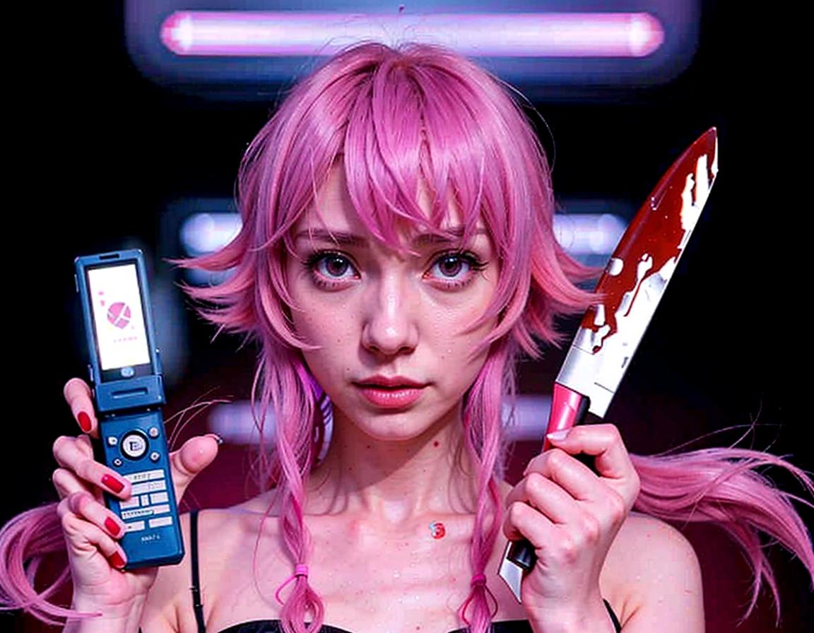 anime girl with pink hair holding a cell phone and a knife, mirai nikki, yandere, gapmoe yandere, anime styled digital art, digital anime illustration, yume nikki, anime style digital art, 2 d anime style, digital cyberpunk - anime art, digital cyberpunk anime art, digital anime art, anime cyberpunk art, modern anime style, anime art style