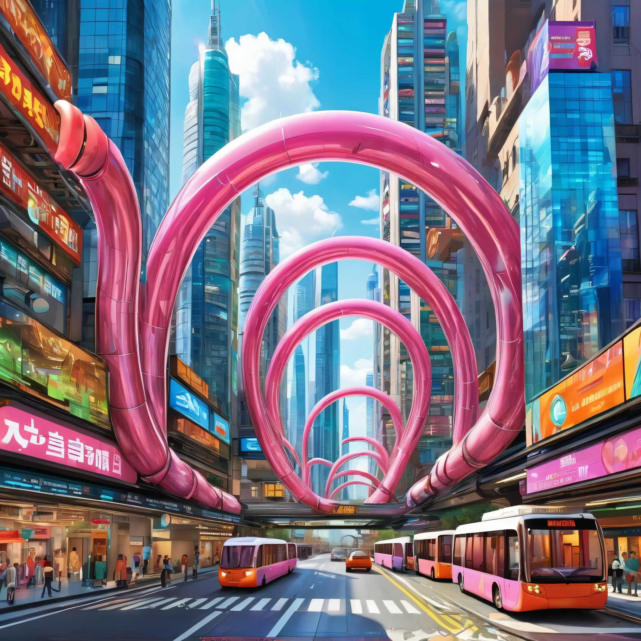 A great futuristic metropolitan made of glass and steel where tall buildings are shaped liked dildos and vehicles are individual sperm with wheels and windows moving down the streets. Tunnels look like vaginas. Hyper realistic, vibrant colors, 16k