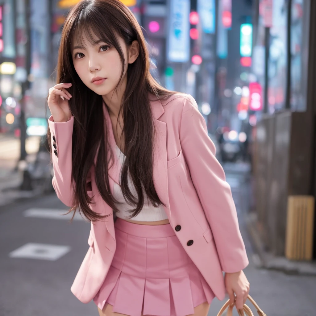 Close up,1 girl,solo, random post, Beautiful girl,(((Aimi Rin))) ,long hair, Beautiful shape ,wear a tight pink suit, tight skirt ,(short skirt),looking at camera,25 years old, in the Tokyo city