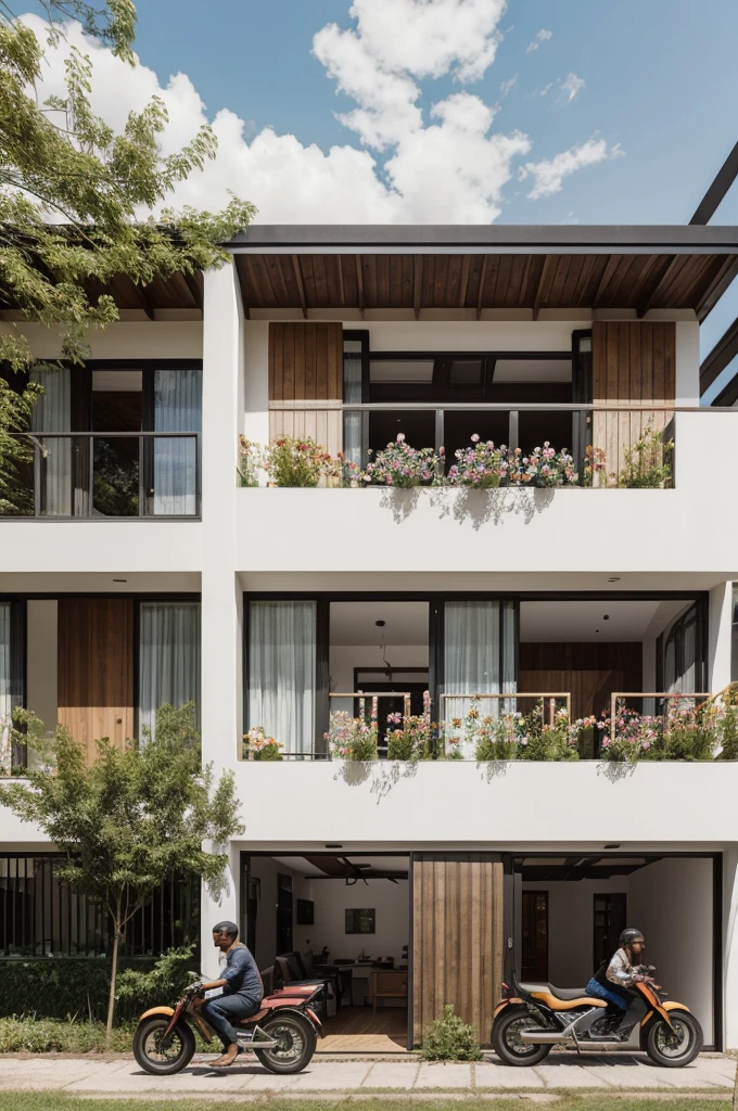Facade of one-story house with large windows and a garden with flowers, al lado un auto Mercedes a200 y una motocicleta black arrow 401 huasvarna, a thin brown-haired dad with his 6-year-old daughter and two German shepherd dogs