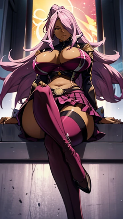 ANIME 
1girl, long hair, Ebony skin, ebony-skinned female, magenta hair,  hair over one eye, busty, gorgeous plump body, makeup, huge and round breasts, ponytail, yellow eyes, lips, thick thighs, magenta hair, yellow Elizabeth Mably's clothes, Elizabeth Mably's skirt, serious face, white high socks, background science laboratory