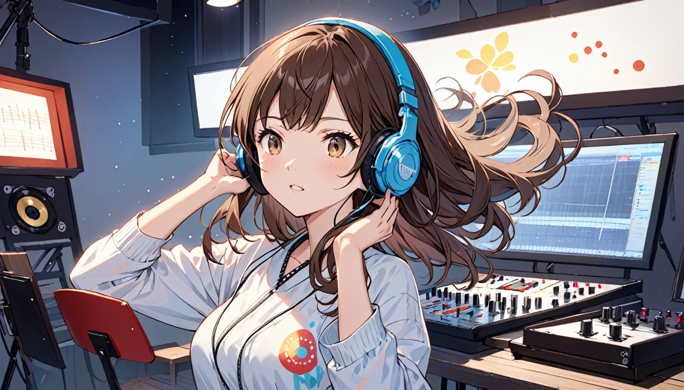 Girl wearing headphones,Getting in the rhythm,Brown Hair,One girl,Late night studio