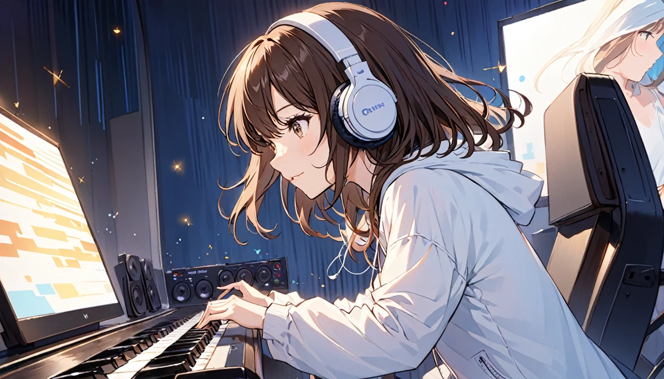 Girl wearing headphones,Getting in the rhythm,Brown Hair,One girl,Late night studio