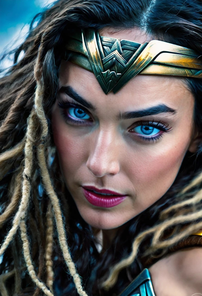 Extreme close-up Gal Gadot (((blue eyes))),(((dreadlocks)))under the mantle of the Amazon warrior (((Wonder woman)),((dreadlocks))) surreal and cinematographic images Color Splash images f(((Traje actual Wonder woman))),(((Diaema Wonder woman))),(((dreadlocks)))