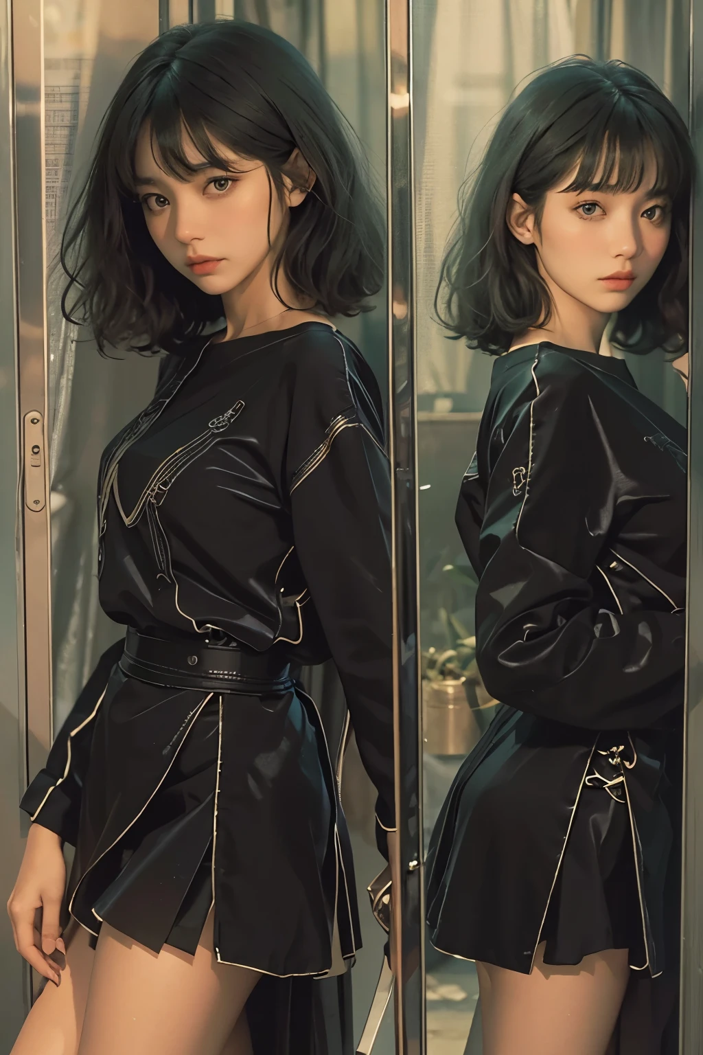 (realistic:1.3), finely detailed, quality, rembrandt lighting, (masterpiece:1.2), (photorealistic:1.2), (best quality), (detailed skin:1.3), (intricate details), dramatic, ray tracing, 1girl, japanese girl, 21 years old, detailed skin texture, (blush:0.5), (goosebumps:0.5), subsurface scattering, medium breasts, short hair curls, sullen expression, eye shadow, lipstick, casual clothes, cowboy shot, (bright sunny day, tokyo street, sky), <lora:hime cut_20230820175457:0.8>