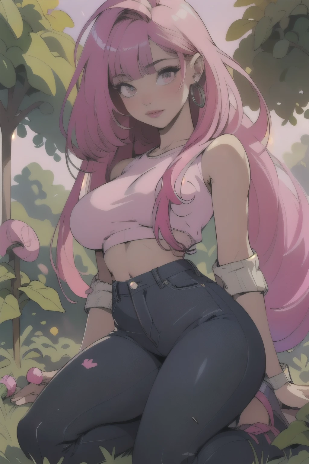 photo of Meowko, RAW, beautiful woman, ((portrait)), ((detailed face:1.2)), ((detailed facial feature, detailed skin, glossy lips, shiny luscious lips, clear skin), (long pink hair, bangs, Candy fuchsia hair, bright pink hair: 1.55), (slender body, narrow waist, narrow hips, skinny body, huge breasts), (wearing a tight blue jeans, crop top, jewelry), (kneeling in a cozy garden filled with greens), (realistic photo, best quality, detailed), (8k wallpaper), (cinematic lighting, beautiful light, (day:1.3)) (sharp focus, intricate)