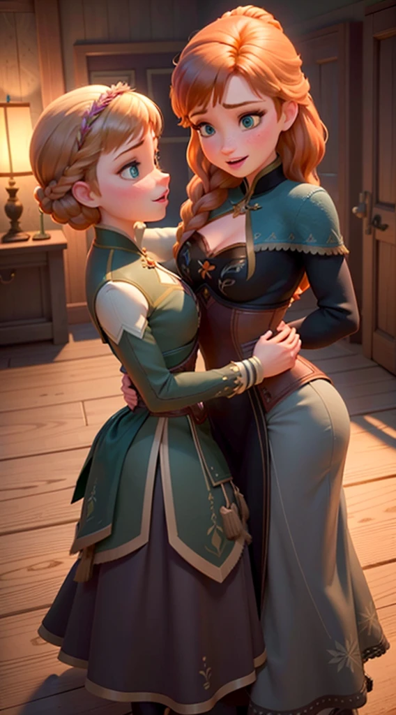 ((Full body photo, standing, feet on the floor)) score_9, score_8_up, score_7_up, score_6_up, 2girls, elsa (blonde hair, braid, blue lingerie, navel:1.1) and anna (brown hair, braided pigtails, green lingerie, navel:1.3),, elegant hotel suite, lovers, in love, they are laying on a large luxurious bed, kissing, groping, (cinematic lighting:1.2),, (sunset:1.2).